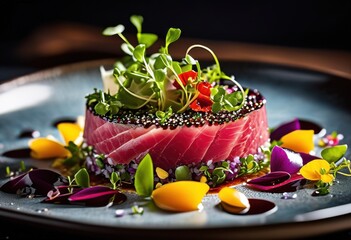 exquisitely arranged ahi tuna tartare served artistic plate fresh ingredients, presentation, artistry, plating, gourmet, dish, culinary, delicacy