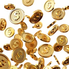 A lot of gold coins with dollar signs on them were flying in the air against a white background in the vector graphics game art style. 
