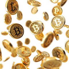 A lot of gold coins with dollar signs on them were flying in the air against a white background in the vector graphics game art style. 