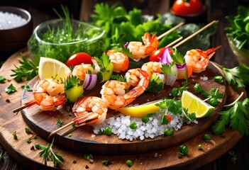 juicy grilled shrimp skewers served fresh lemon wedges, seafood, delicious, tasty, appetizing, barbecue, meal, cooking, gourmet, succulent, dish, prawn, tangy, zesty