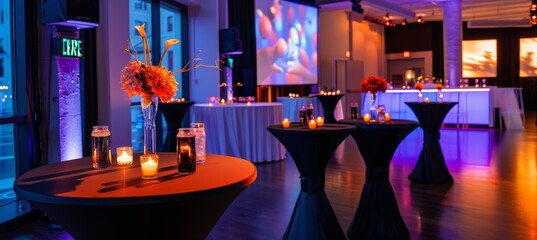Professional Networking Event with Elegant Decorations and Ambient Lighting