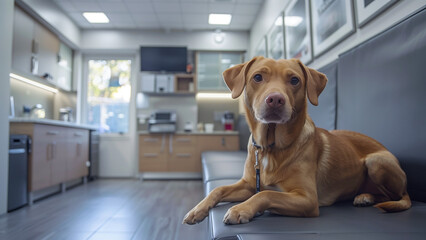 Brown dog with brown eyes in veterinary clinic. Dog waiting for examination at the vet clinic.