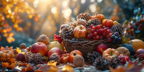 Harvest cornucopia with fruits and nuts for National Cornucopia Day, November 20th, autumn abundance, festive display, seasonal produce