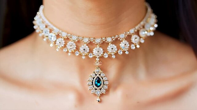 Asian model wearing beautiful jewelry, focusing on a necklace and earrings.