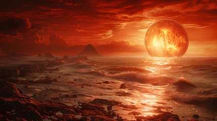Canvas schilderij Rood  A dystopian solar planet with a bleak, desolate landscape and a dark red sky  © MistoGraphy