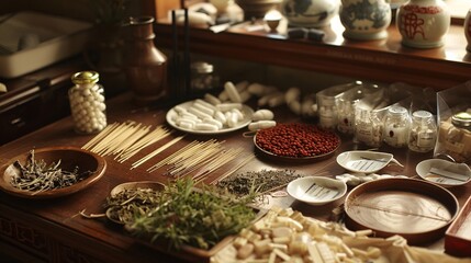 An acupuncturist organizes their treatment room, arranging acupuncture needles, herbs, and other tools used in their practice.