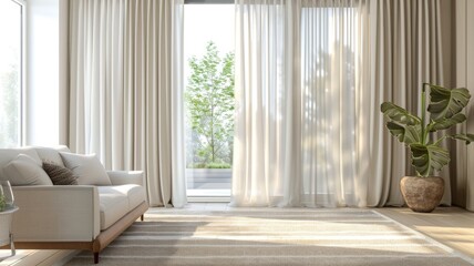 Sunlit living room featuring a white sofa, indoor plant, and sheer curtains.