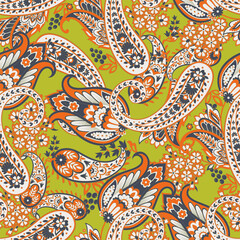Naklejka premium Seamless pattern based on traditional Asian elements Paisley. Traditional colorful seamless paisley vector pattern. Pattern for textile design or fabrics. Fashionable delicate design