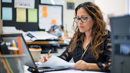 An administrative assistant reviews documents at their desk, a laptop and calendar visible, highlighting organization skills.