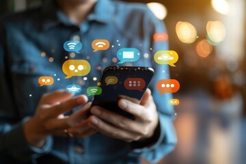A person holds their smartphone, surrounded by colorful digital messages in a bustling urban environment, indicating a vibrant online conversation.