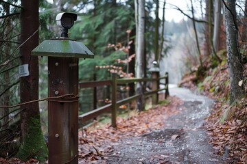 Scenic Hiking Trailhead with Surveillance Cameras for Safety and Visitor Monitoring in Natural Forest Setting