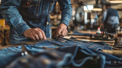 Obraz premium Tailor Working on Denim Fabric in Workshop