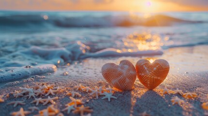 Obraz premium Two hearts are laying on the sand next to a body of water