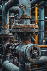 Close-up of a rusty valve on an industrial pipeline. AI.
