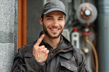 portrait of a happy male plumber making a call me gesture.