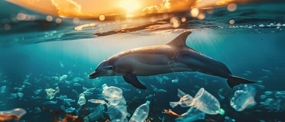 Obraz premium A dolphin swims in a sea of plastic. AI.