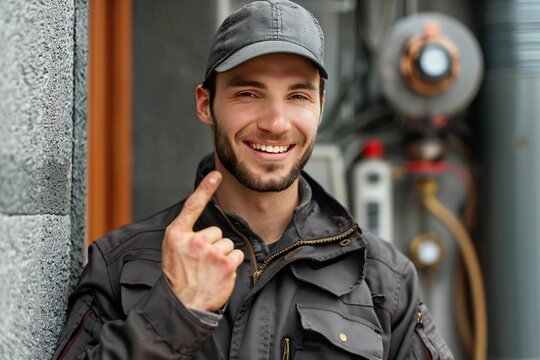 portrait of a happy male plumber making a call me gesture.