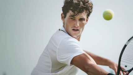 Young tennis player focused on hitting incoming ball during intense match. Determined expression and athletic build highlight dedication to the sport