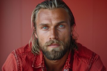 Obraz premium Close-Up Portrait of a Bearded Man with Blue Eyes Wearing a Red Jacket
