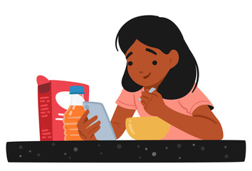 Young Black Girl Using A Smartphone While Having Breakfast At The Table. Child Character Is Enjoying Her Meal