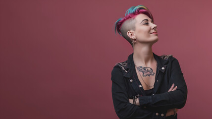 Nonbinary person with a shaved side and colorful hair posing confidently against a red background. They wear a black jacket, showcasing tattoos and an alternative style.