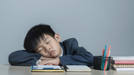 Young boy in a suit sleeping on a desk with his head resting on his arm. Desk has notebooks, a pen holder with colorful pens, and a stack of books