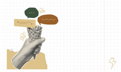 Clipping scrapbook halftone business collage.Cutout contemporary hand holding ice cream with speech bubbles in a retro pop art style.Concept of  communication, brainstorm, discussion, work meeting.