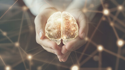 Hands holding a glowing digital brain with neural network connections. Concept of artificial intelligence, innovation, and advanced technology in human cognition