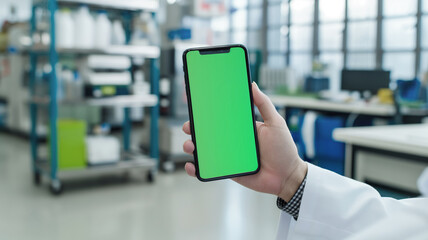 Hand holding a smartphone with a green screen in a laboratory setting. Concept of digital healthcare, mobile technology, and scientific research