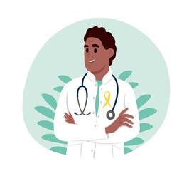 Fototapeta premium Appendix Cancer Awareness Month. A doctor in a white uniform with an awareness ribbon.