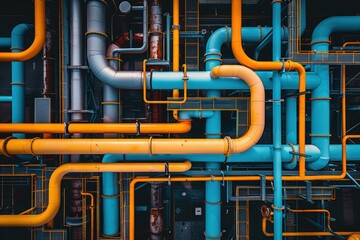 A complex network of blue and yellow pipes. AI.