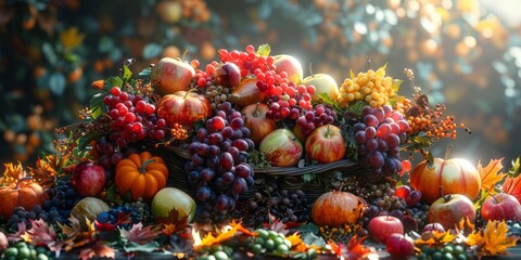 Harvest cornucopia display for National Cornucopia Day, November 20th, autumn abundance, festive setup, seasonal produce