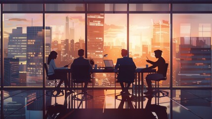 Team Planning Meeting in Office Overlooking Stunning Cityscape at Sunset - Perfect for Corporate and Business Concepts