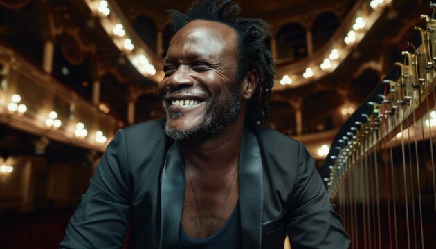 Portrait of a smiling man with dreadlocks in a theater. AI.