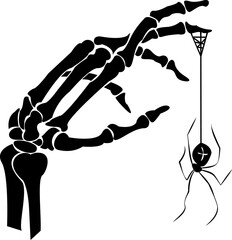 Creepy Halloween Skeleton Hand with Spider Silhouette. Gothic Artistic Decor. Treack and Treat. Scary Halloween Bone Structure.