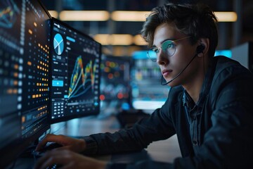 young businessman analyzing financial data and graphs on his computer screen in a modern office setting.