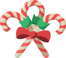 Illustration of Christmas candy canes in red and white stripes, decorated with a red bow and green leaves.