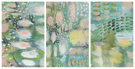 Art Watercolor and Acrylic smear brushstroke blot with pastel pencil elements. Abstract texture color stain painting background. Set.