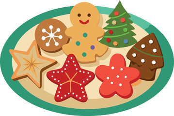 Festive Christmas cookies including gingerbread men, star-shaped cookies, and tree-shaped treats on a green plate, evoking holiday spirit and joy.