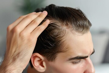 Fototapeta premium close-up shot of a young man checking his hairline at home, showing signs of hair loss.