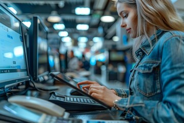close-up shot of a young businessperson conducting online banking on a digital tablet at a computer desk.