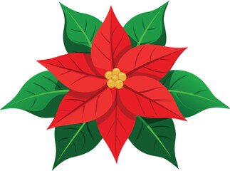 Illustration of a vibrant red poinsettia flower with green leaves, symbolizing Christmas and holiday cheer.
