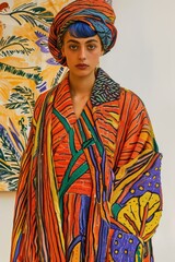 Obraz premium Colorful African-Inspired Fashion Portrait - Vibrant Clothing and Headwrap - Creative Art Background - Ideal for Fashion Magazines