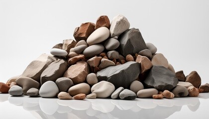 a pile of rocks and gravel on a clean white surface suitable for use in backgrounds or textures