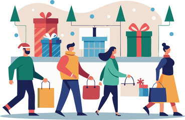 Illustration of people doing Christmas shopping, walking with gift bags near large decorated presents. Festive holiday season theme.