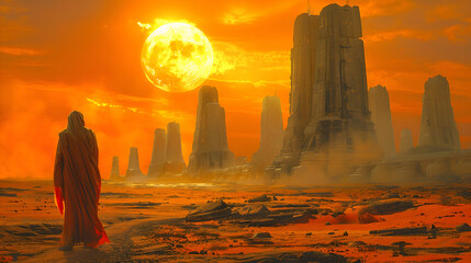  A dystopian solar planet with towering structures of an ancient civilization now in ruins
