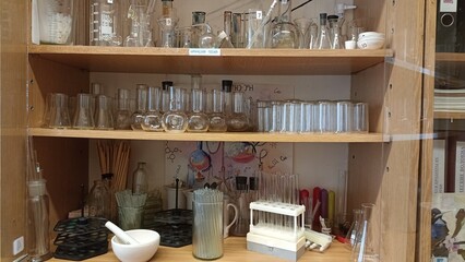 Chemical glassware in a chemistry lesson. Demonstration experience.