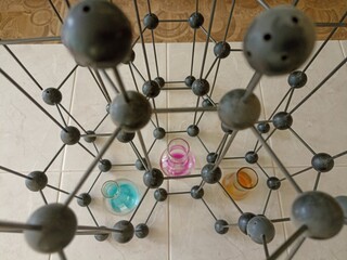 Chemical glassware in a chemistry lesson. Demonstration experience.