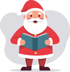 Illustration of Santa Claus dressed in traditional red outfit, holding a book and reading. Perfect for Christmas-related content and festive holiday themes.