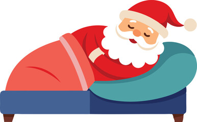 Cartoon illustration of Santa Claus sleeping on a couch, resting peacefully after delivering Christmas gifts.